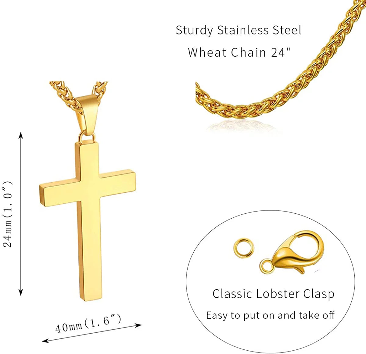 Cross Necklace for Men Stainless Steel Cross Pendant Chain , First Communion Confirmation Jewelry, Religious Gift (Gold)