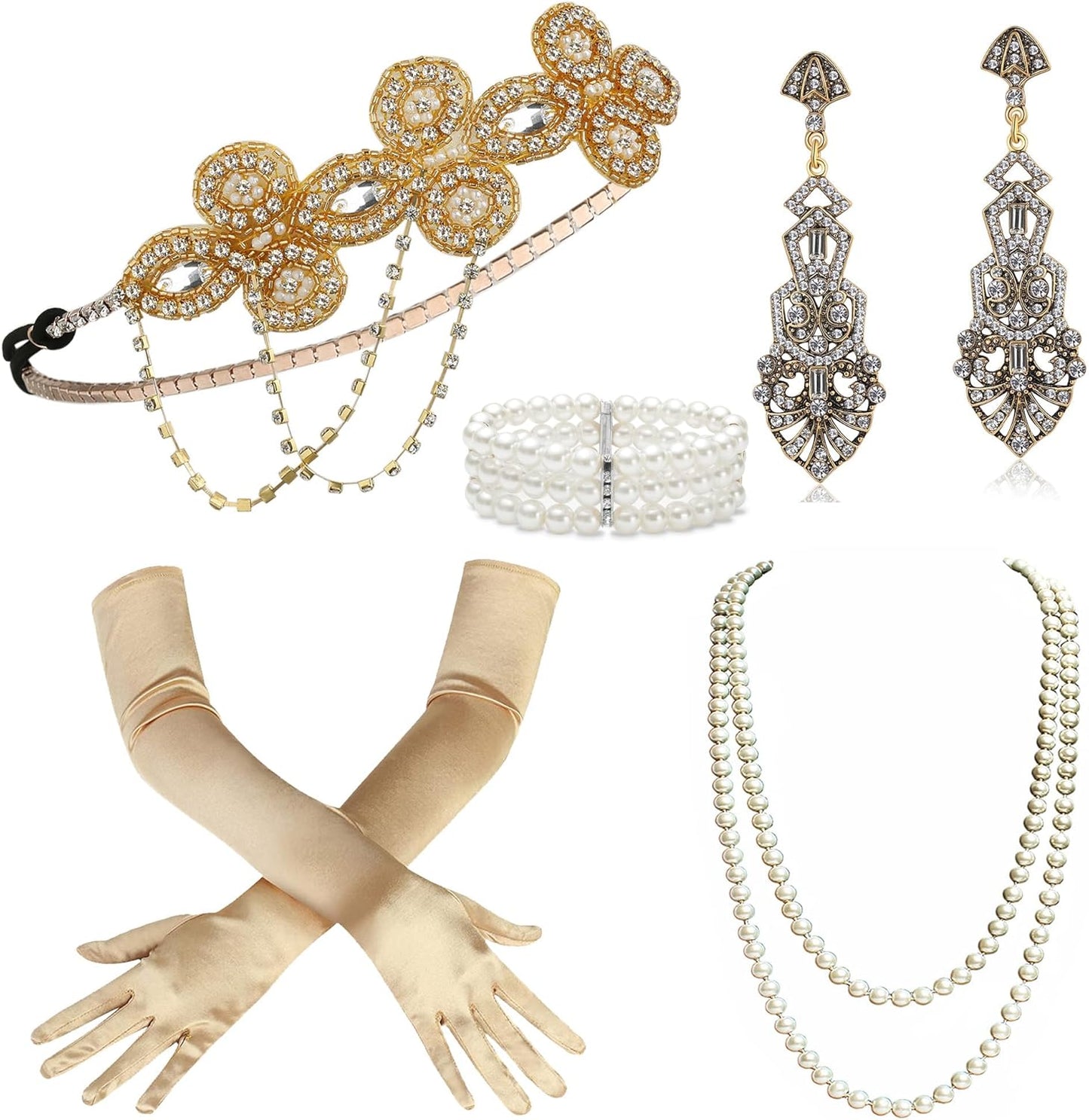 1920S Flapper Accessories Gatsby Costume Accessories Set 20S Flapper Headband Pearl Necklace Gloves Cigarette Holder