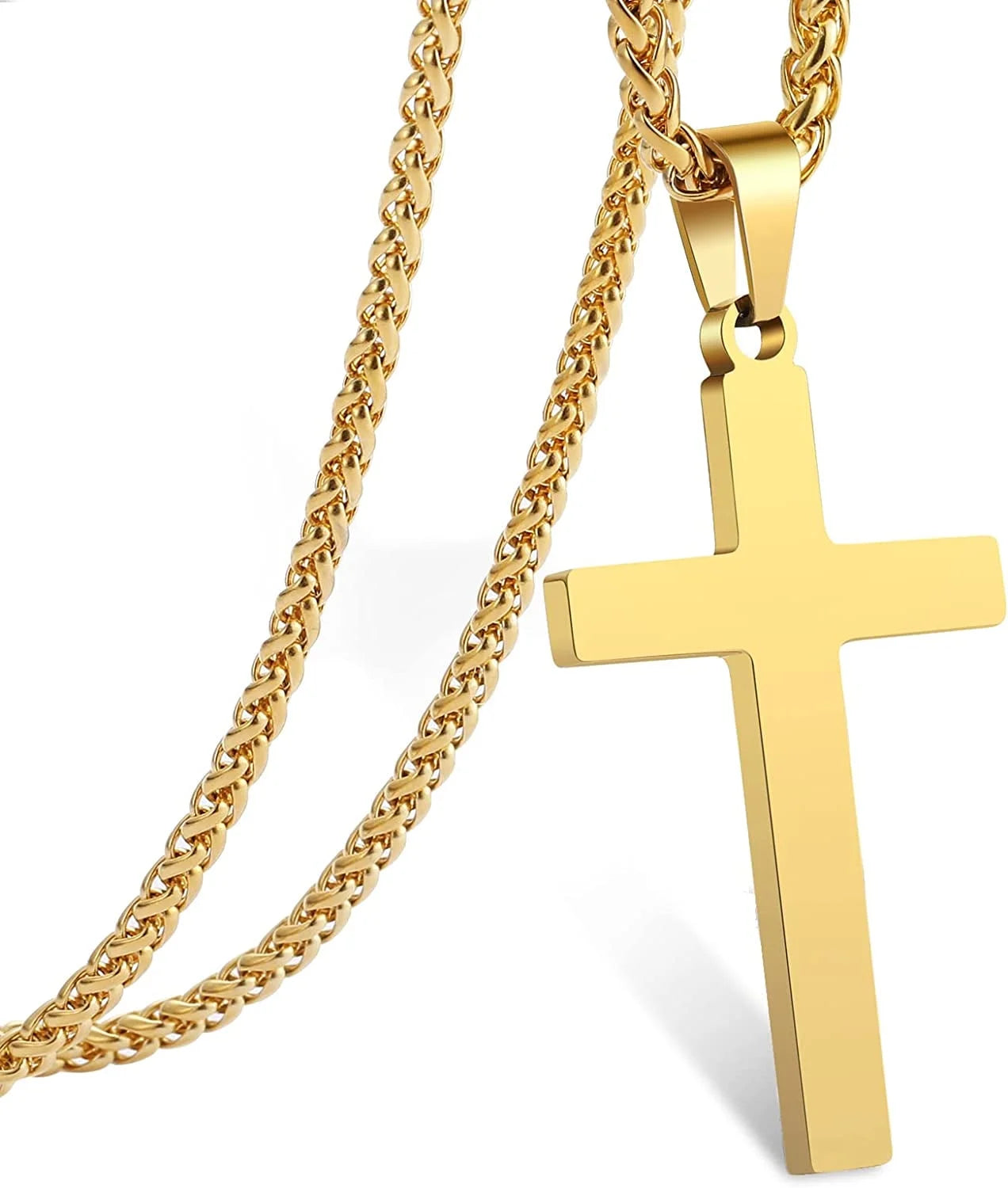 Cross Necklace for Men Stainless Steel Cross Pendant Chain , First Communion Confirmation Jewelry, Religious Gift (Gold)